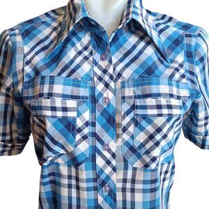 Small Womens Vintage Shirt 70's Blue Plaid Blouse Shirt Boho Hippie Distress